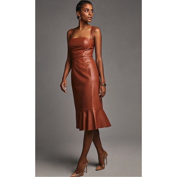 HUTCH | NWT Anthropologie Square-Neck Faux Leather Dress in Cedar, Size 6 - Picture 1 of 11